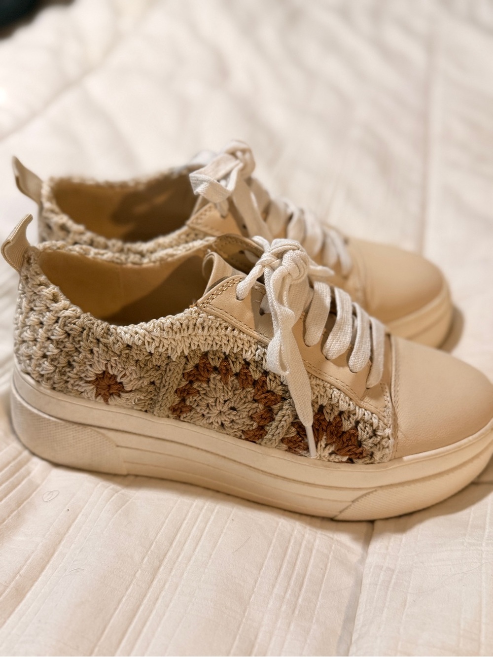 Lucky Brand Chunky Crochet Lace-Up Platform Sneakers in Beige